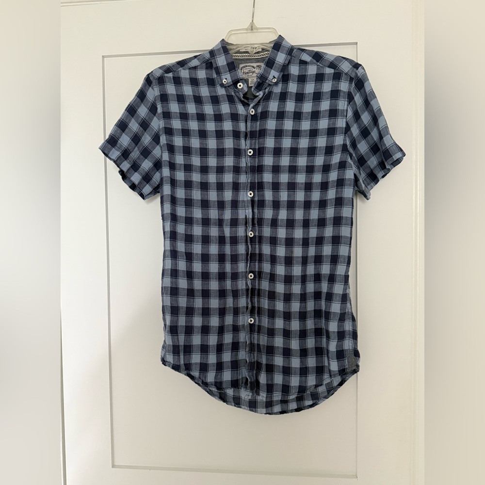 Heritage 1981 men’s blue gingham casual button down shirt (read)